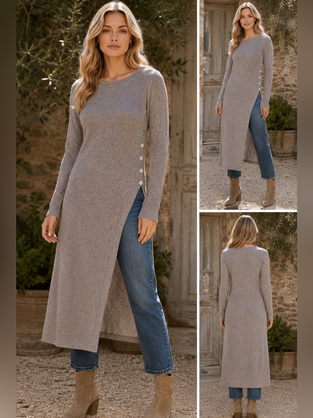 ShopEvelynne Gray Long-Slit Ribbed Maxi Dress